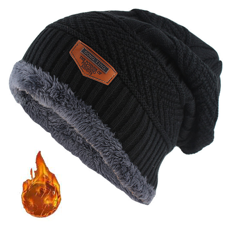 Herrars vinterläder etikett stickad beanie slouchy tjock fleecefodrad hatt