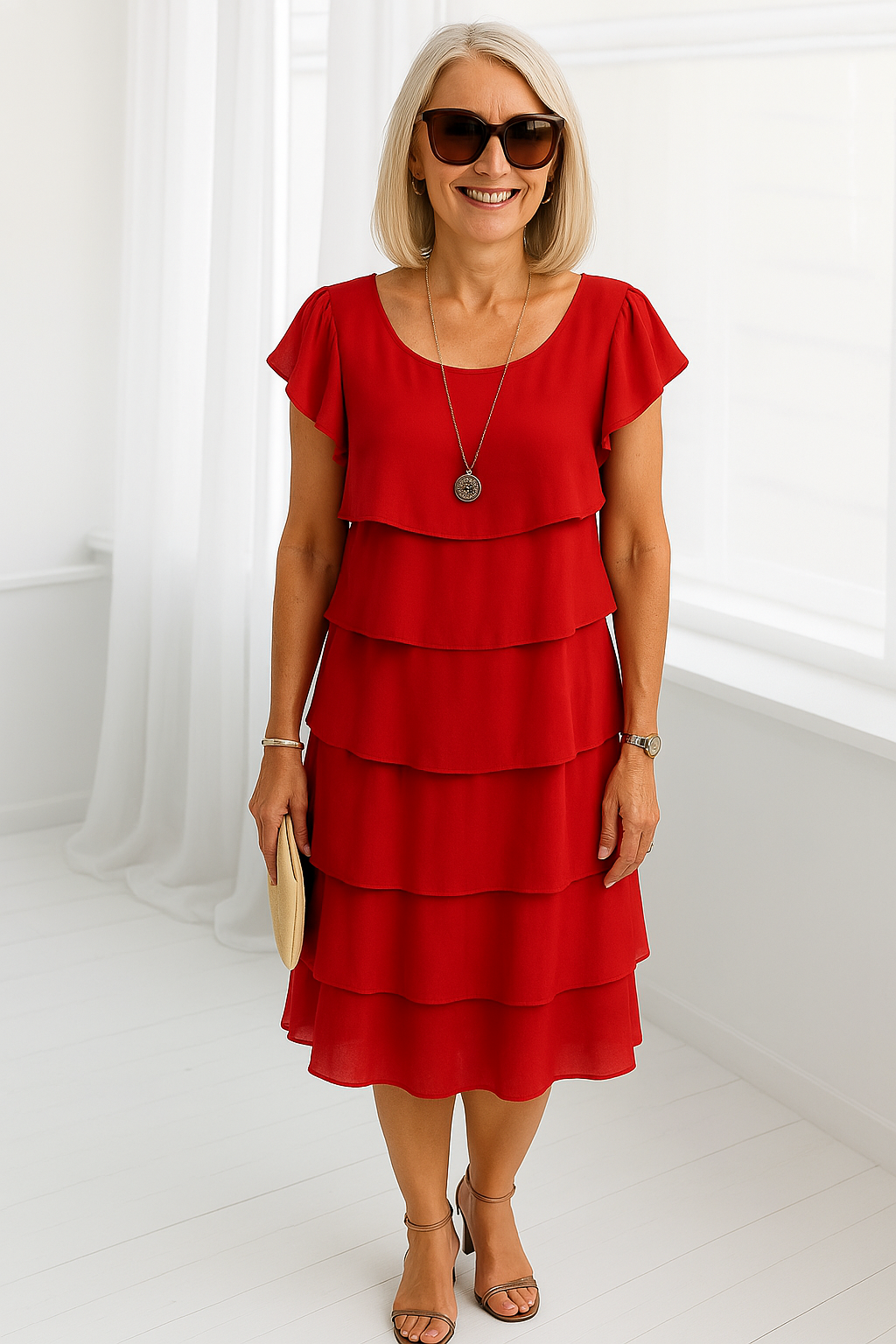 Susanne | Kvinnors Lagerdelad Sommar Midi Klänning med Volanger