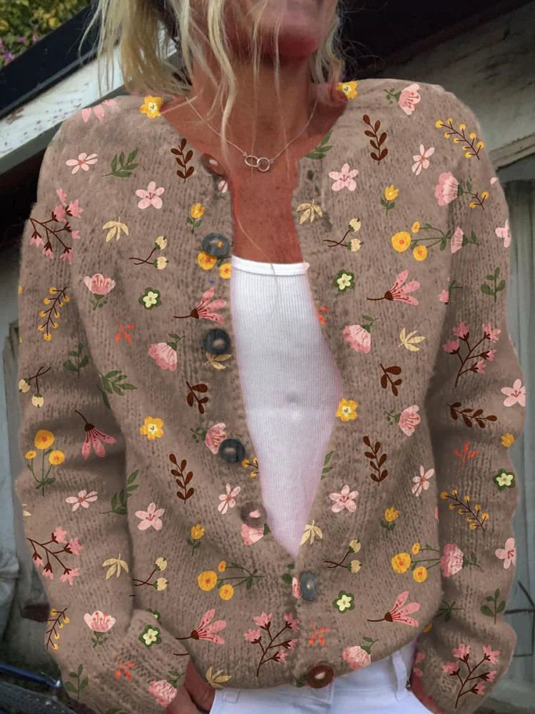 Charlotte | Dam Cardigan med Blomstertryck och Löst Snitt