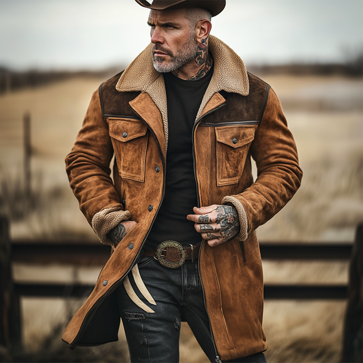 Herr Vintage Mocka Patchwork Lamm Fleece Multi-Ficka Omvänd Krage Utomhusjacka Kappa