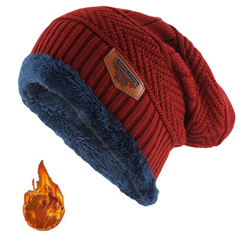 Herrars vinterläder etikett stickad beanie slouchy tjock fleecefodrad hatt