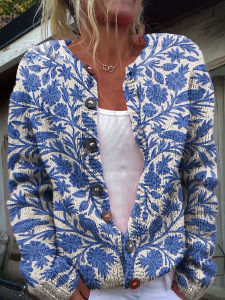 Charlotte | Dam Cardigan med Blomstertryck och Löst Snitt