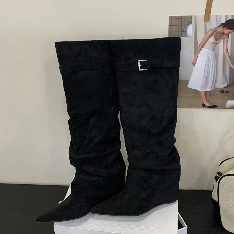 Elfriede | Dam Läder Lårhöga Stövlar med Spänne