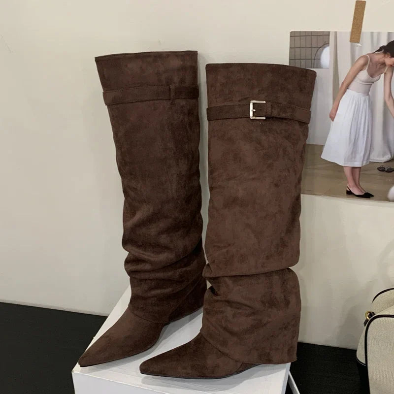 Elfriede | Dam Läder Lårhöga Stövlar med Spänne
