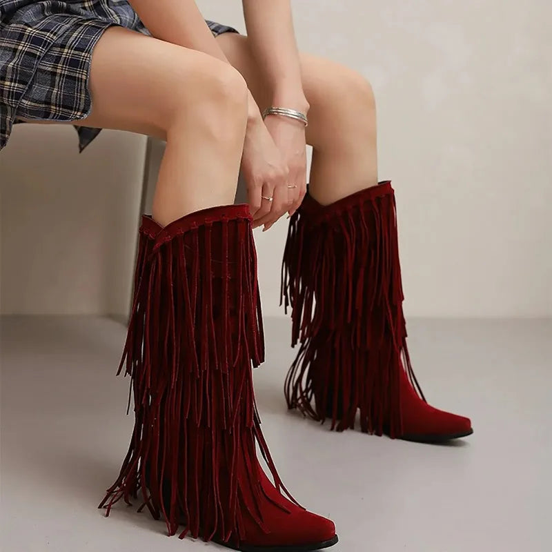 Susanne | Dam Fringed Knähöga Stövlar i Western Stil