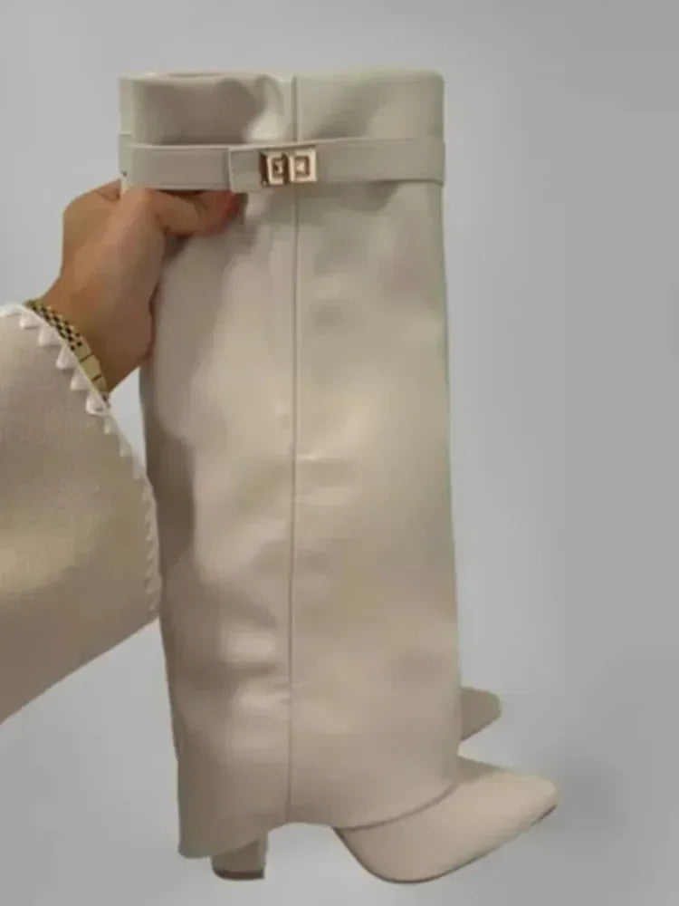 Cornelia | Dam Läder Lårhöga Stövlar med Spänne