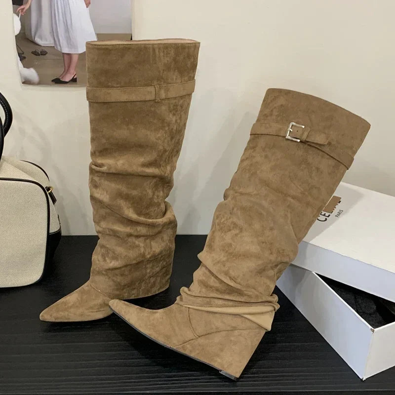 Elfriede | Dam Läder Lårhöga Stövlar med Spänne