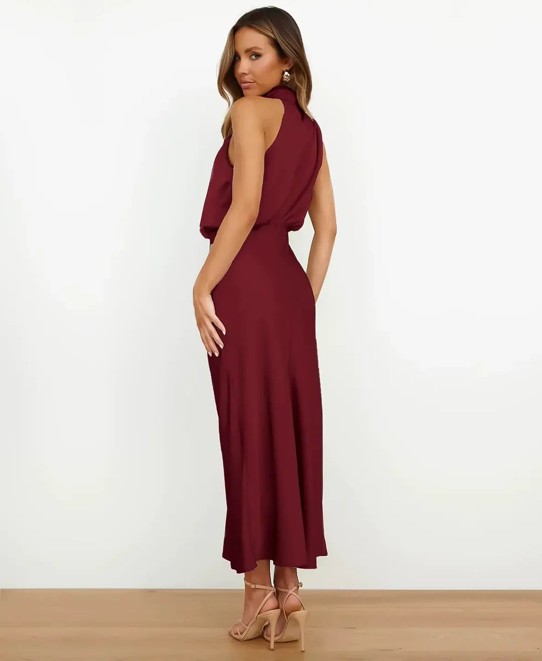 Thora | Dam Satin Halter-Stil Formell Midi-Klänning