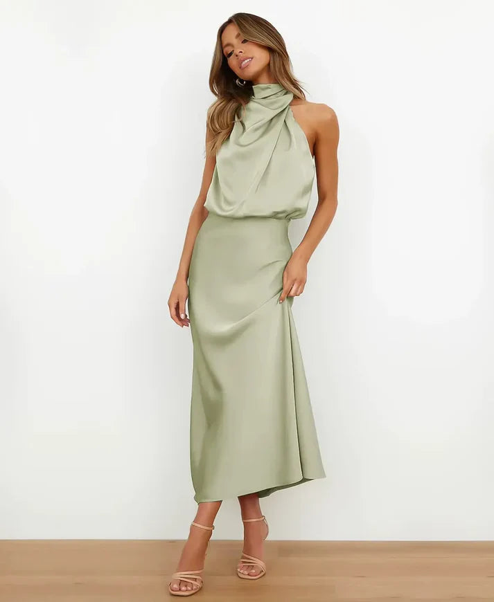 Thora | Dam Satin Halter-Stil Formell Midi-Klänning