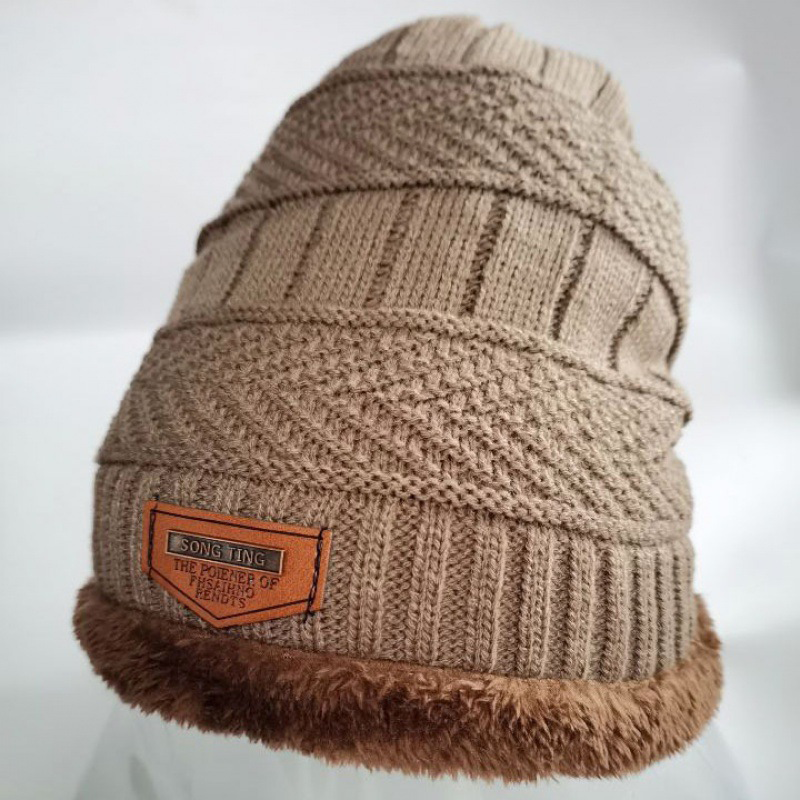 Herrars vinterläder etikett stickad beanie slouchy tjock fleecefodrad hatt