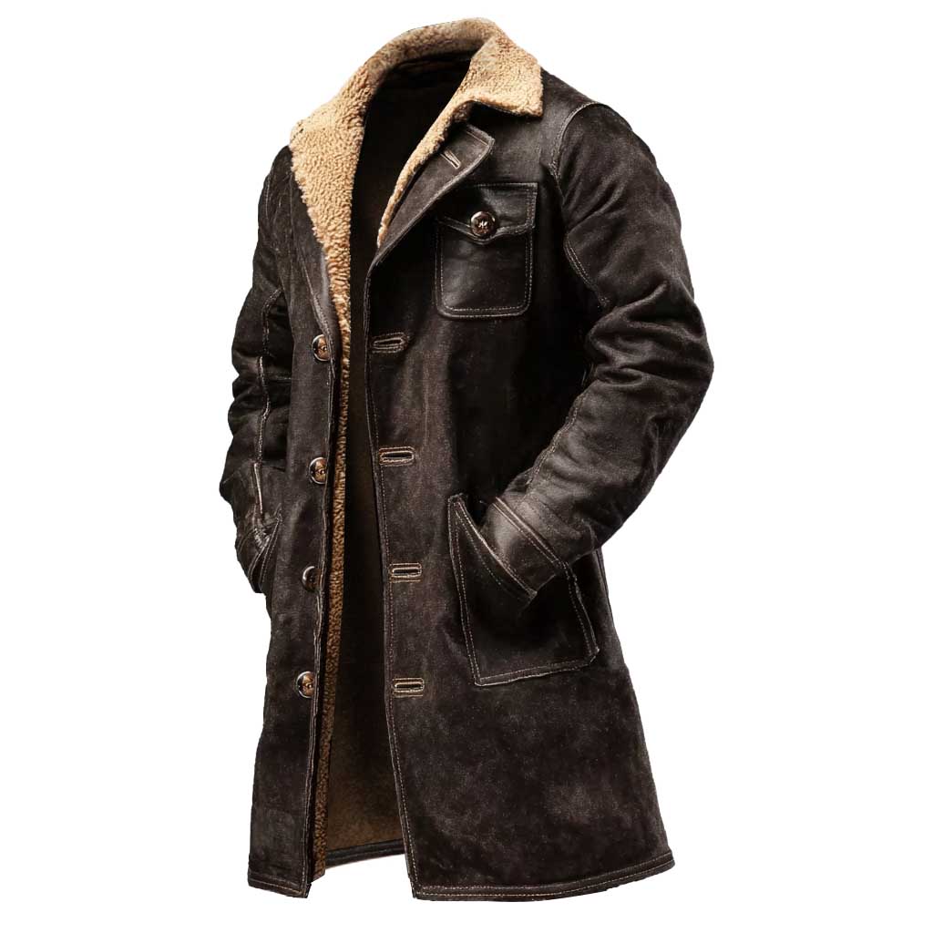 Herr Vintage Mörkbrun Mocka Läder Faux Fur Jacka Shearling Kappa