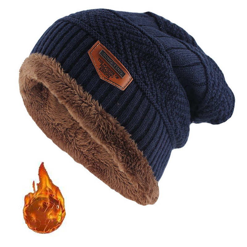 Herrars vinterläder etikett stickad beanie slouchy tjock fleecefodrad hatt